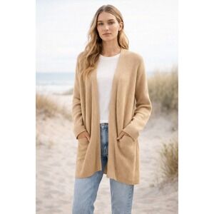 GAP‎ Women's Long Open Front Cardigan Sweater L Beige Ribbed Knit Pockets Cozy